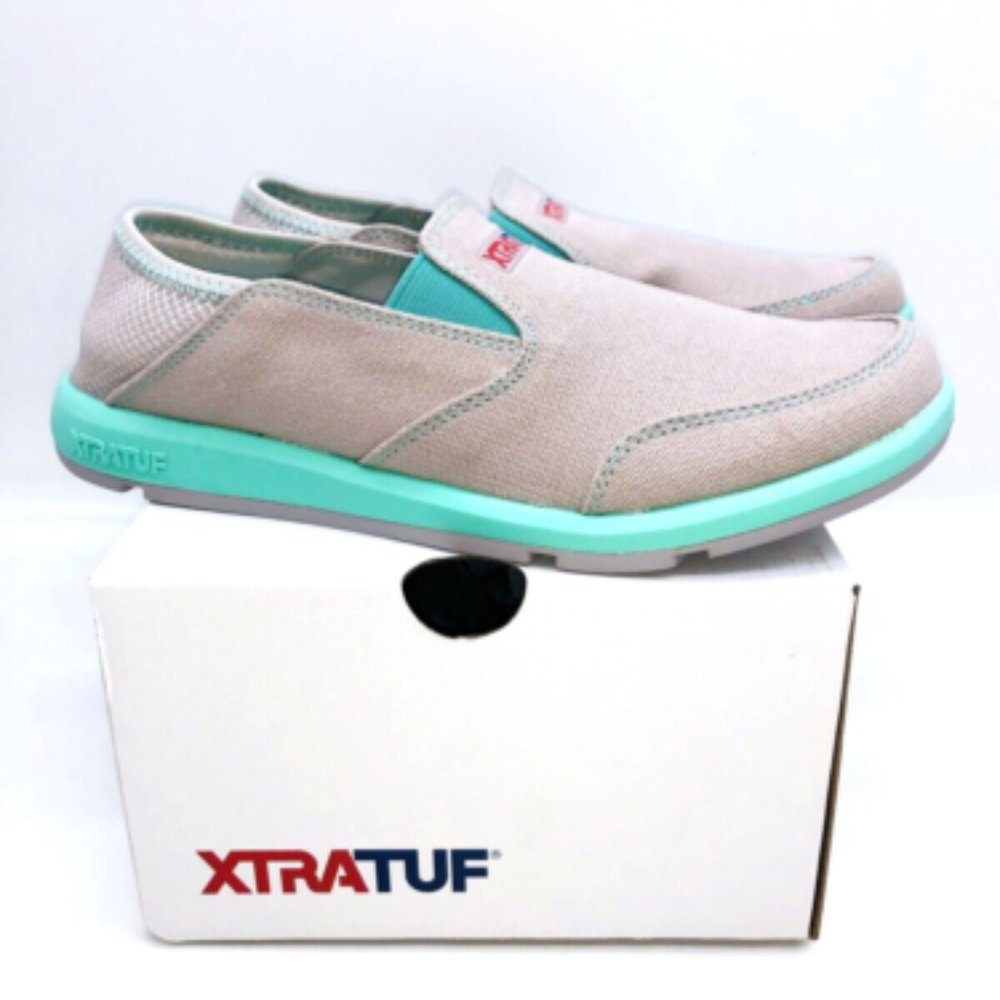 XTRATUF Women Yellowtail Slip-On Grey & Seafoam Canvas Boat Deck Shoes NIB Sz 9M
